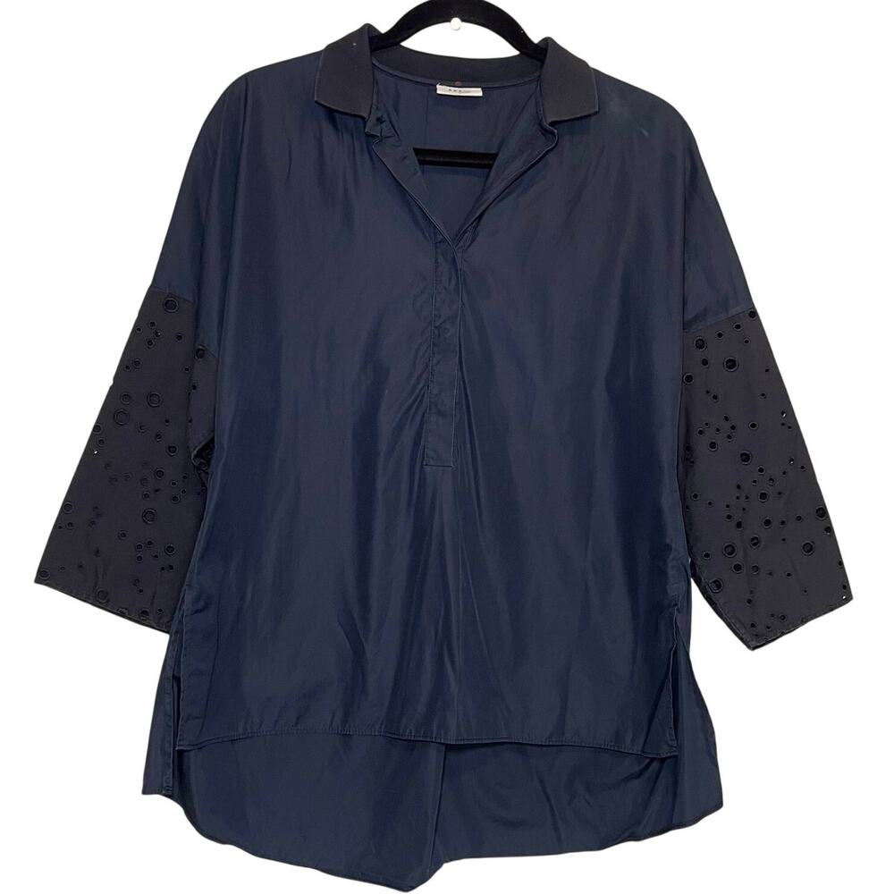Akris Pinto Shirt Size 8 Navy Blue Kimono Eyelet Sleeves Collared Cotton V-Neck